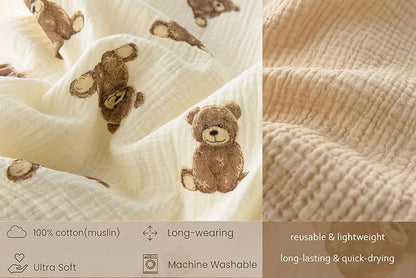 Little Jump Hooded Baby Towels for Newborn - 2 Pack 100% Cotton Muslin Baby Bath Towel, Soft and Absorbent for Boys Girls Infant, Large 32x32 Inches (Teddy Bears & Khaki)