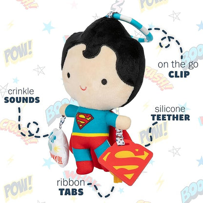 Kids Preferred DC Comics Superman Multi Sensory Activity Toy with Teethers, Crinkle Textures, and Clip for On The Go Fun for Infant and Baby Boys and Girls, Medium