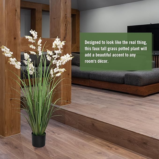 Artificial Tall Grass Plants with Pots 47“ 1 Pack Lily of The Valley Artificial Grass Home Interior Decorating and Outdoor Garden Decorations（White）