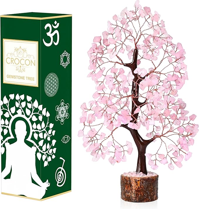 Crocon Rose Quartz Crystal Tree of Life Pink Room Decor & Healing Crystals Cute Desk Accessories Spiritual Birtdhay Gifts for Women House Warming Gifts New Home Decor for Mom Sister & Girlfriend