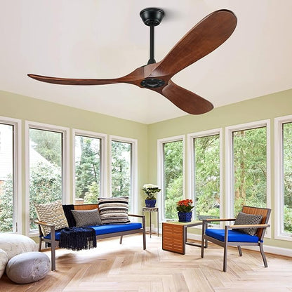 60 inch Ceiling Fan Without Light, Ceiling Fan No Light with Remote Control and Quiet DC Motor, Outdoor Fans for Patios,Solid Wood 3 Blades,ETL Listed - Dark Walnut