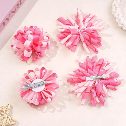 Yxiang Korker Cheer Bows Hair Clips Girls 4pcs Cute Pink & White Curly Corker Ribbon Alligator Barrettes Hair Accessories Kids Toddler Birthday Gift