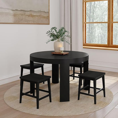 Plank+Beam Smythe Dining Stool, 18",Set of 4, Sturdy Wood Modern Kitchen Stool, Saddle Seat Backless Chair, Metal Footrest, Black