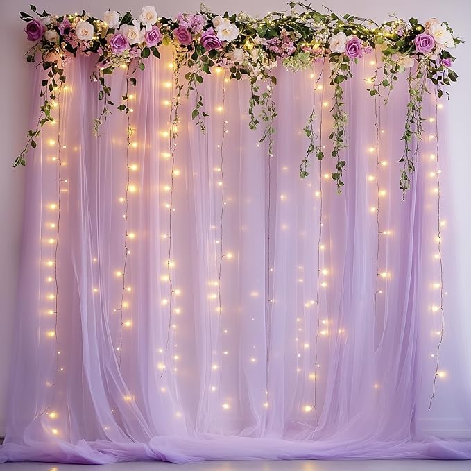 Fomcet Lavender Tulle Backdrop Curtains with Lights String 10FT X 10FT Sheer Curtain with Lights Tulle Curtains Backdrop for Wedding Birthday Party Photo Shoot (2 Panels 5x10FT)