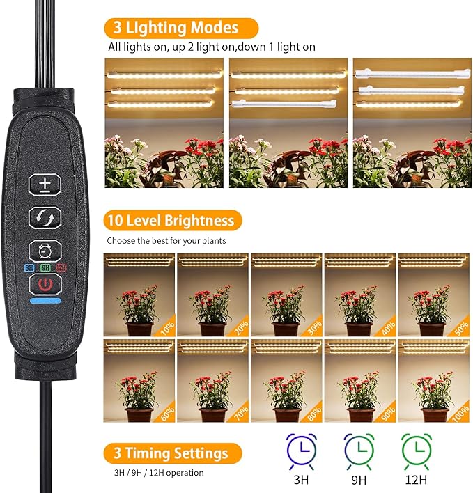 LED Grow Light Strips, Grow Lights for Indoor Plants Full Spectrum 3000K, Plant Light Bar with 3/9/12H Timer, 10 Dimmable Levels for Seedling Succulent,Best Match for Plant Shelf(3 Head×2 Pack)