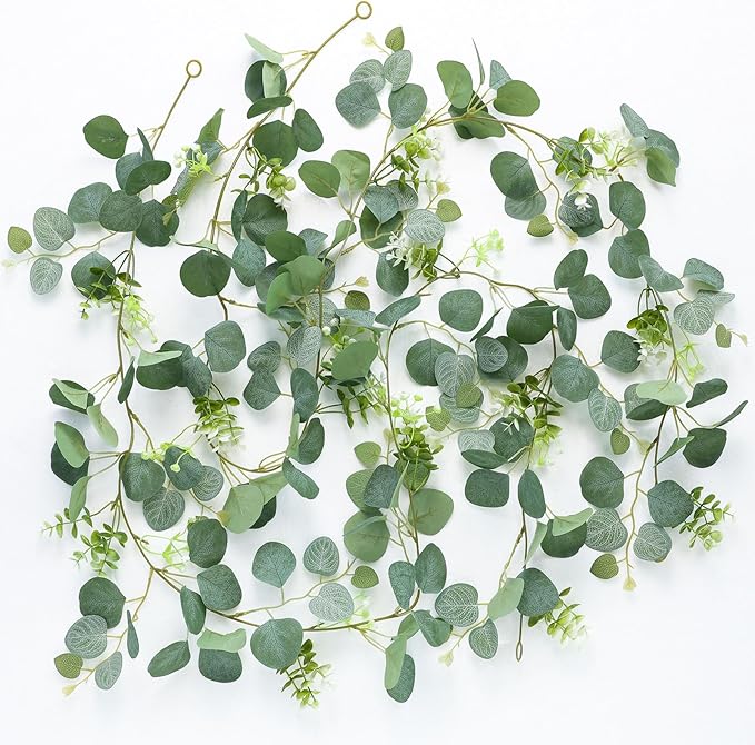 Mizii 2 Strands Artificial Vines Eucalyptus Garland 68" Fake Vine with Silk Leaves Green Garland Faux Hanging Plants Greenery Decoration for Bedroom Room Table Centerpieces Wedding Decor (Greenery)