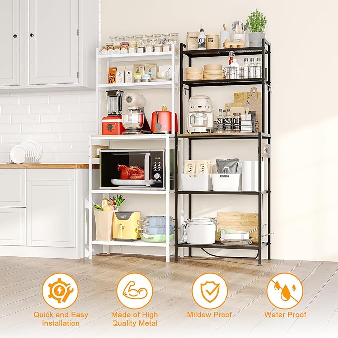 S1 Kitchen Bakers Rack with Power Outlet, Microwave Stand with Storage 5-Tiers, Freestanding Coffee Bar Table with 4 Hooks, Kitchen Storage Shelf 13" D x 22.9" W x 58.3" H, Rustic Brown