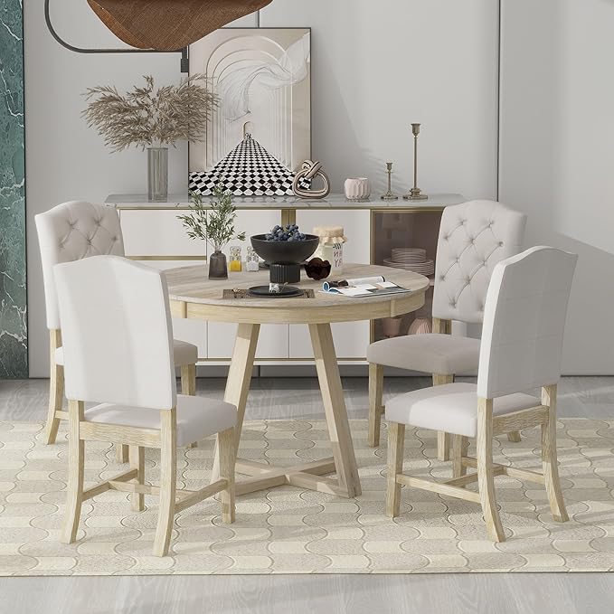 5 Pieces Dining Table Set with 42" Table,Living Room Furniture W/ 4 Upholstered Chairs,Tabletop Can be Adjusted from Round to Oval in Shape,for Restaurant,Home Bistro,Natural