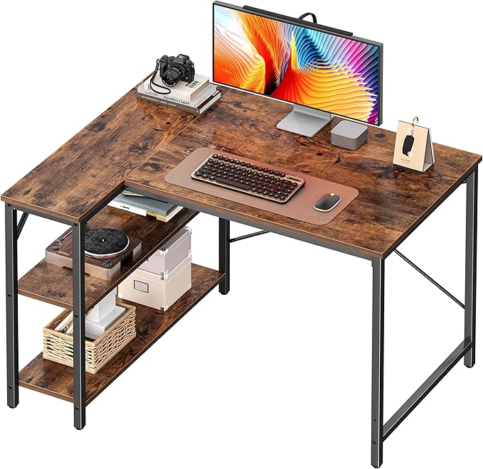 Huuger L Shaped Desk, 39 Inches Computer Desk with Reversible Storage Shelves, Gaming Desk, Corner Home Office Desks, Writing Study Desk with Metal Frame, Rustic Brown