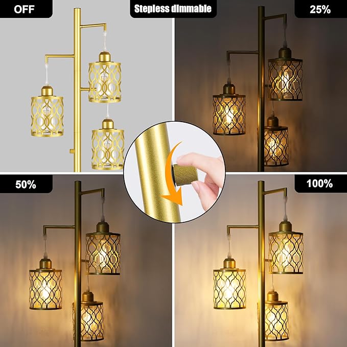 ROTTOGOON 68" Gold Floor Lamp, Dimmable Industrial Floor Lamps for Living Room, 3 Light Rustic Standing Tall Lamp Including 3 PCS 6W E26 Bulbs, Farmhouse Tree Floor Lamp for Bedrooms, Office, Bar