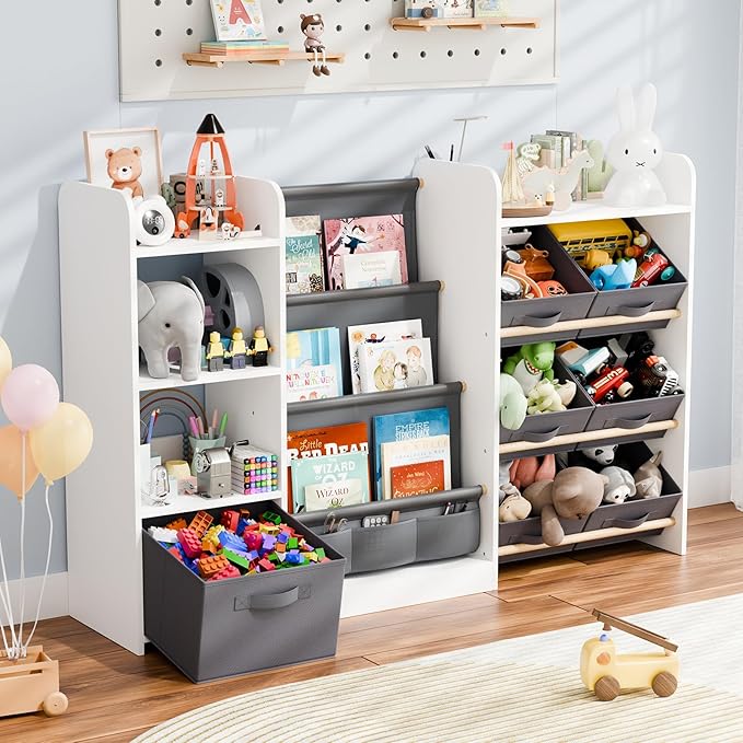 Kids Toy Book Storage Organizer - Large Bookshelf with 7 Removable Bins, Baby Bookshelf and Toy Storage, 4-Tier Book Shelf for Kids Room, Playroom, Classroom, 51 inch, White