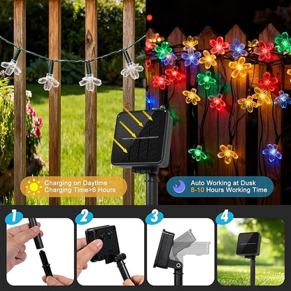 60 LED Solar String Lights Outdoor Waterproof Flower Fairy Lights for Garden Fence Patio Yard Christmas Tree Lawn Wedding Party Decor, Red and Warm White