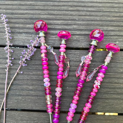 Exway 100 PCS DIY Fairy Wand Beaded Garden Stake Beads Kits with Rose Red Large Hole Beads 4 Crystal Stopper Top Threaded Rods and 4 Rose Red Sparkling Crystal Pendants for Outdoor Indoor Decor