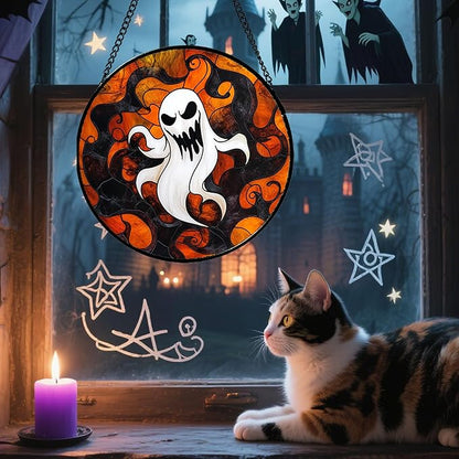 Stained Glass Window Hanging - Halloween White Ghost Suncatcher for Doors Window Garden Indoor Spooky Funny Orange Sun Catchers Gothic Decor Horror Gifts for Women Men Friend 7.8 in