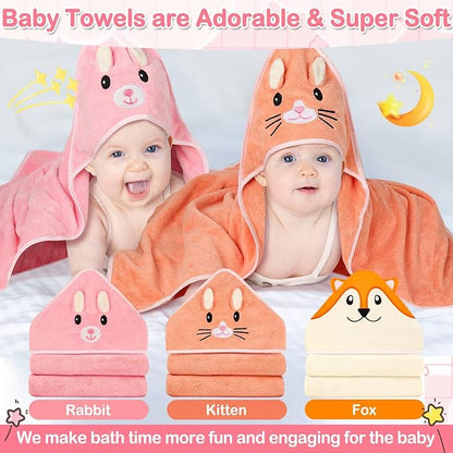Sublaga 31x31 Inch Baby Hooded Towels, 12Pcs Baby Towels and Washcloths Set, Soft and Absorbent Baby Bath Towels, 3 PCS Cute 32x32 in Baby Towel with Hood and 9 Pcs Baby Washcloths for Boys and Girls