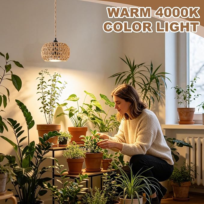 Hanging Grow Light for Indoor Plants, 30W 4000K Full Spectrum LED Pendant with Timer, Hand-Woven Shade, 15FT Cord, Kit for Office Desk, Bookshelf, Cube Decor, Low Light Spaces