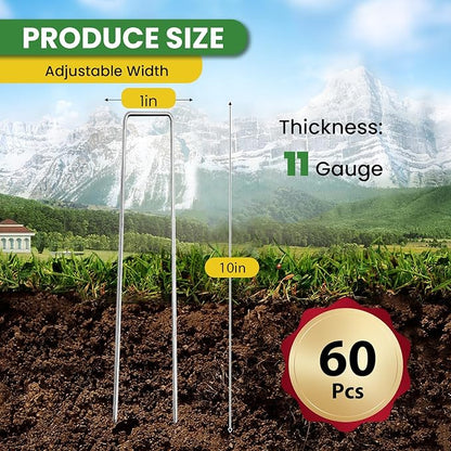 Landscape Staples 10 Inch 60 Pack, Garden Stakes Galvanized Garden Staples 11 Gauge, Plant Cover Stakes for Lawn Weed Barrier