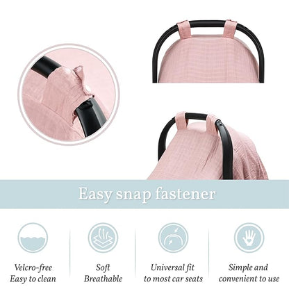 Meracorallo Muslin Baby Car Seat Cover, Lightweight Breathable Soft Infant Carrier Cover Carseat Canopy for Baby Boys and Girls, Pink