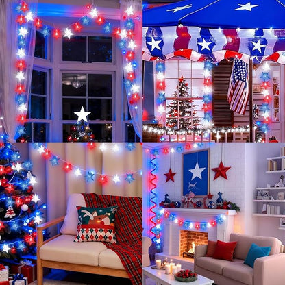 LAMPHOME Red White Blue Star String Lights, 33ft 100 LED Clear Wire Fairy Lights with 16 Modes, Plug-in Decor for 4th of July Patriotic Christmas Tree Bedroom Garden Wedding Birthday Party