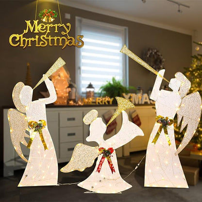 Taman Lighted Christmas Angel, Glittered 3 Angels Blowing The Trumpet Lighted LED Warm Lights for Outdoor Christmas Holiday Home Lawn Yard Garden Decoration