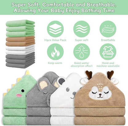14 PCS Baby Towels Set, 4 PCS Soft Baby Hooded Towels & 10 PCS Washcloths, Baby Bath Towels for Newborns, Infants & Toddlers, Ultra Absorbent, Cute Baby Towel Gift for Boys