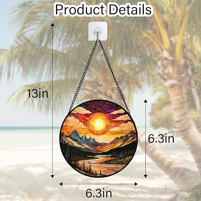 Stained Glass Window Hanging, Dusk Sunset Landscape Sun Catchers Glass Panel Lakes and Mountains Suncatcher Decor for Birthday for Women, Men, Wife, Aunt, and Mom 6.3 in