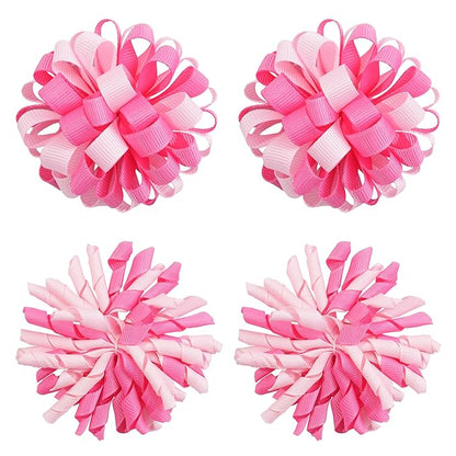 Yxiang Korker Cheer Bows Hair Clips Girls 4pcs Cute Pink & White Curly Corker Ribbon Alligator Barrettes Hair Accessories Kids Toddler Birthday Gift