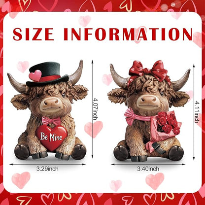 Karenhi 2 Pcs Valentine's Day Highland Cow Figurines Love Heart Rose Highland Cow Gnomes Scottish Resin Statue Calf Lovers Romantic Gifts for Valentines Home Kitchen Office Tiered Tray Table Decor