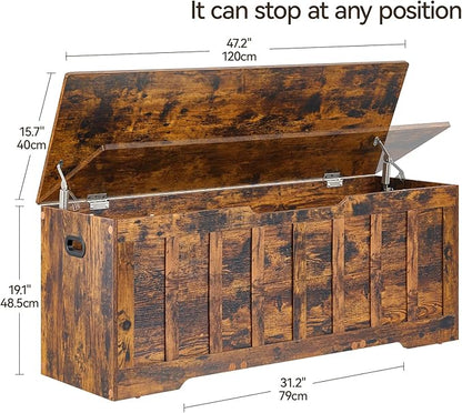 47.2"Storage chest extra large,storage trunk with 2 safety Hinges,Wooden storage bench,Shoe Bench,47.2x15.7x19.1 Inch,Easy Assembly,storage bench for bedroom,living room,entryway,Rustic brown