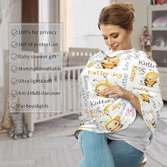 Personalized Bee Baby Car Seat Cover with Name,Multi-Use Canopy for Nursing, Strollers,Shopping Carts,Customized Breastfeeding Cover, Full Privacy,Infant Stroller Cover