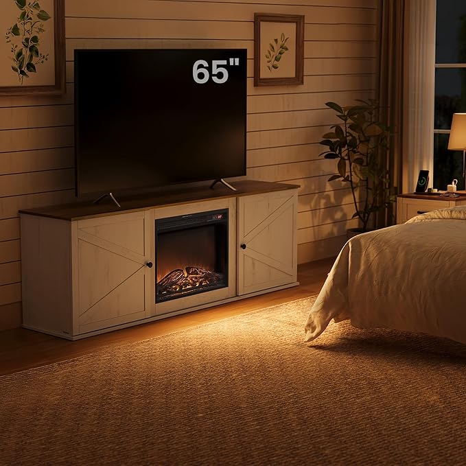 VASAGLE Fireplace TV Stand for TVs up to 65 Inches, 18-Inch ELectric Fireplace with Remote, Farmhouse Entertainment Center, Media Console Table for Living Room, Rustic White and Honey Brown ULTV540W01
