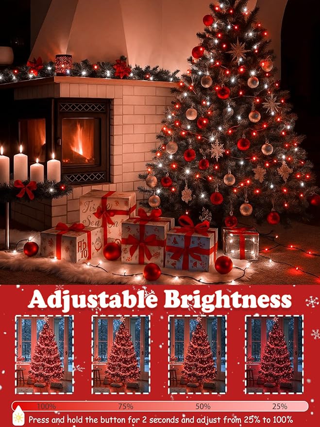 2-Pack 66FT 200 LED Christmas Lights, 13 Modes Extendable Christmas Tree Lights with Timer & Memory, Waterproof Twinkle Fairy Lights Green Wire Outdoor String Lights Indoor for Xmas Tree (Red White)