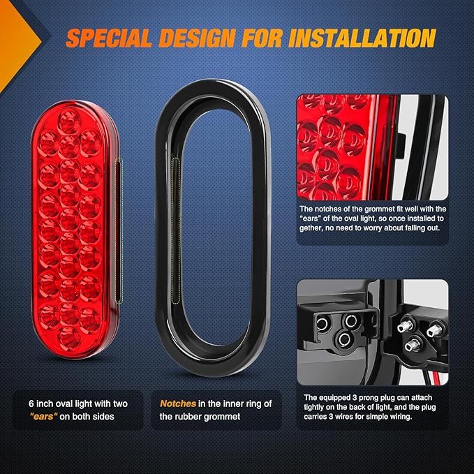 Nilight 6Inch Oval Trailer Tail Light 4PCS White Red 24LED Brake Turn Signal Reverse Lights w/Flush Mount Grommets Plugs IP67 Waterproof for 12V Truck ATV UTV Bus RV Camper