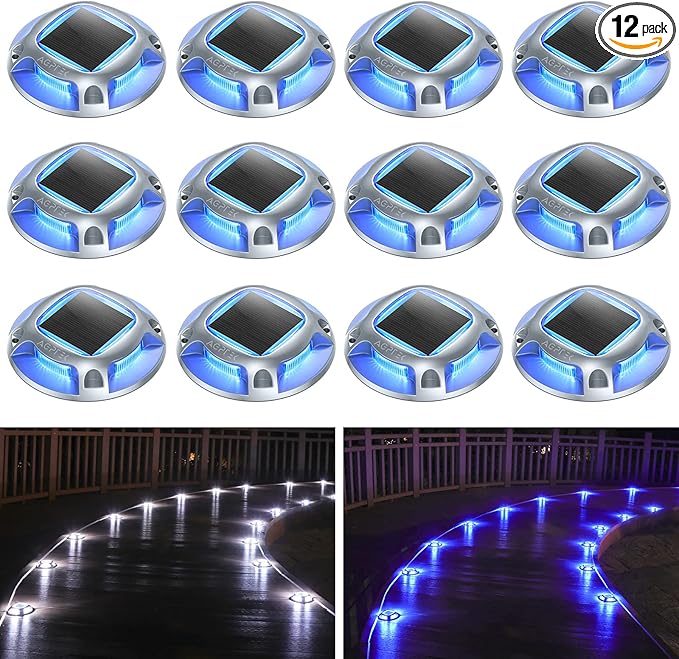 AGPTEK Solar Driveway Lights Outdoor 12 Pack, 2 Color Modes LED Deck Dock Marine Waterproof Security Marker Lights for Step Sidewalk Stair Garden Pathway Walkway Yard(Blue Light/Cool White)