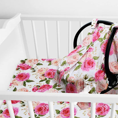Dear Baby Gear Car Seat Cover for Boys & Girls - Baby Carseat Canopy w/Snap Opening - Infant Seat Cover - Stroller & Nursing Covers - Newborn Carrier Canopy - 40x30 (Pink Rose - Pink Dot)