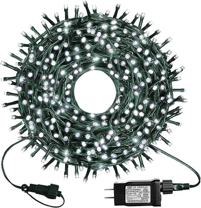 kemooie 300 LED Outdoor Christmas Lights, 99FT 8 Lighting Modes Plug in Green Wire Fairy Lights for Indoor Outdoor Christmas Tree Lights Wedding Party Decoration (White)