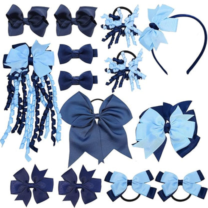 School Hair Accessories Set 14 Pcs Uniform Hair Bow Headband Clips Hair Ties Curly Korker Bows for Little Toddler School Girls (Light Blue&Navy)