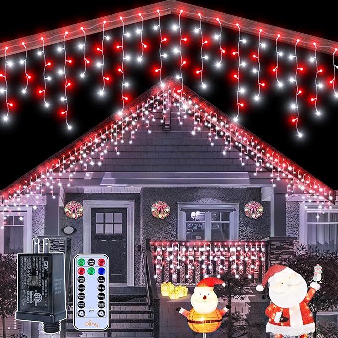 Ollny Icicle Lights for Outside 504LED 41FT, Red and White Christmas Light with Remote 8Modes Timers Waterproof, Plug in Connectable Hanging Lights for Outdoor Indoor House Roof Holiday