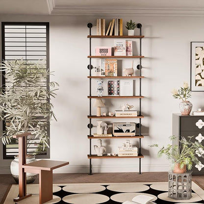 7 Tier Industrial Ladder Shelf Bookcase, Wall Mounted Rustic Bookshelf for Living Room Decor and Storage (Walnut Color, 7 Tier - 10" D x 36" W x 95.5" H)