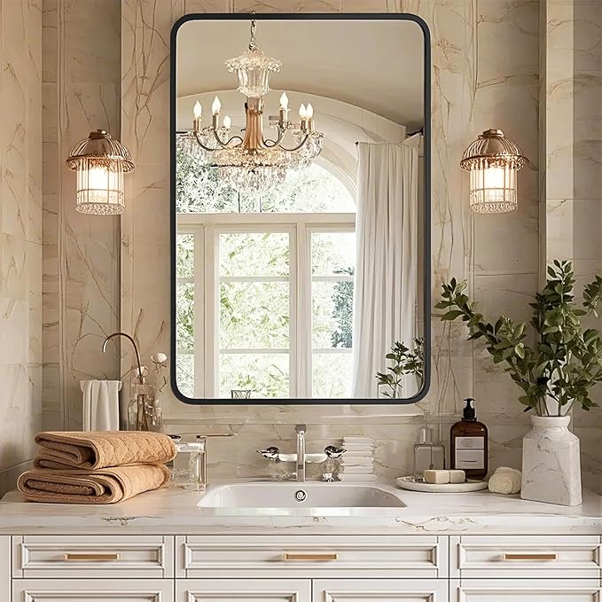24"×36" Bathroom Mirror for Wall, Modern Bathroom Vanity Mirror, Black Bathroom Mirrors for Over Sink with Metal Framed HD Tempered Glass Hangs Horizontally or Vertically