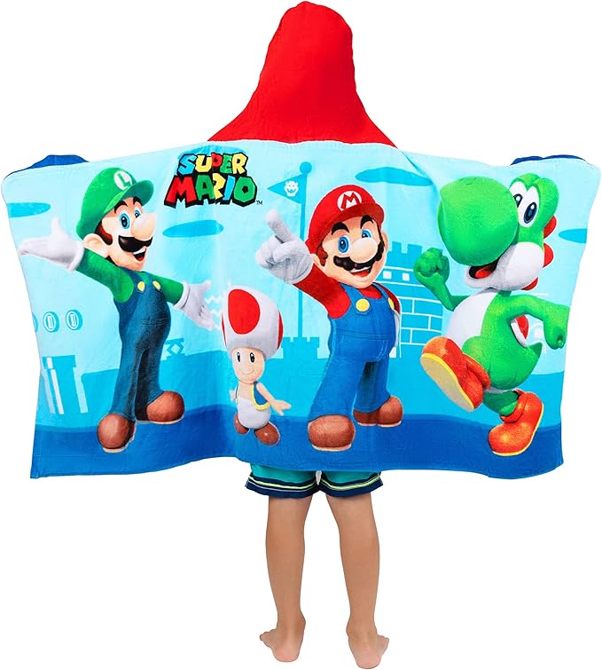 Super Mario Bath/Pool/Beach Soft Cotton Terry Hooded Towel Wrap, 24 in x 50 in, By Franco Kids
