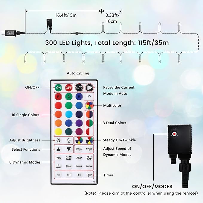 iShabao RGB Color Changing String Lights, 115ft 300 LED Red Wihte Blue Light with Remote Timer, Wateproof Plug in,July 4th Patriotic Lights for Wreath Home Party Yard Garden Tree Decor