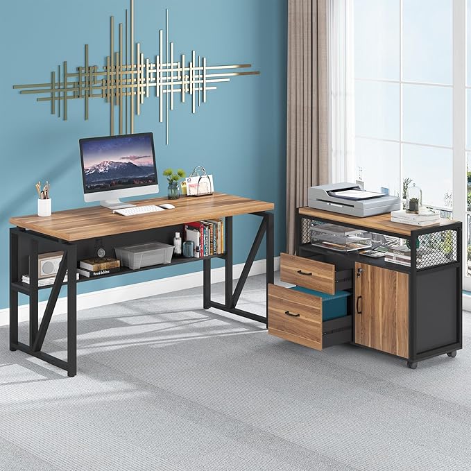 Tribesigns 55-inch L Shaped Desk with Drawer Cabinet, Executive Computer Desk and lateral File Cabinet, 2 Piece Home Office Furniture with Drawers for Hanging File, Doors with Locks (Brown, 55 inches)
