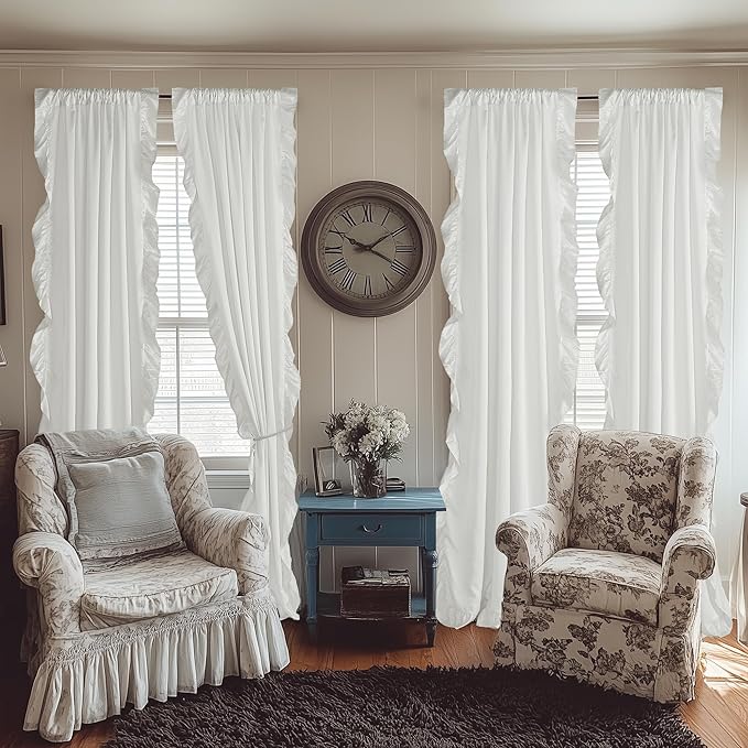 StangH Cottage Ruffle Curtains 96 Inch, Luxurious Satin Shabby Chic Drapery for High Ceiling, Light Filtering Privacy Window Coverings for Living Room/Backdrop, White, W52 x L96, 2 Panels
