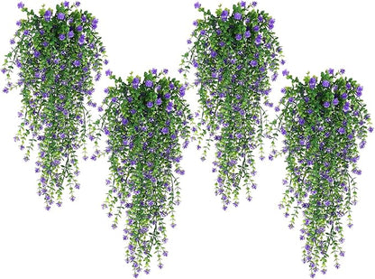 SJL Hanging Greenery 4pcs Realistic Artificial Plants Indoor Artificial Hanging Plants Outdoor Fake Eucalyptus Faux Ivy Plastic Flowers Leaves Decor for Bedroom Porch Wall (Purple)