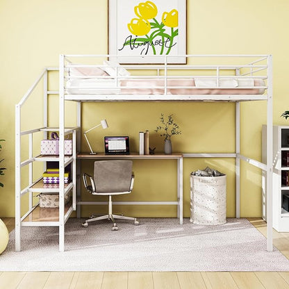 Full Size Metal Loft Bed with Desk and Lateral Storage Ladder,Modern Style Heavy-Duty Metal Frame for Kids Teens Adults Bedroom, Dorm,White