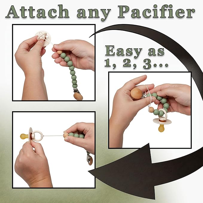 White-Sweet Jill Pacifier Clip Made with Silicone Beads and Secured with Wood Clip. 1 Piece Design. BPA-Free. Chewable. 9" Long. Keeps Pacifiers and teethers securely Fastened.