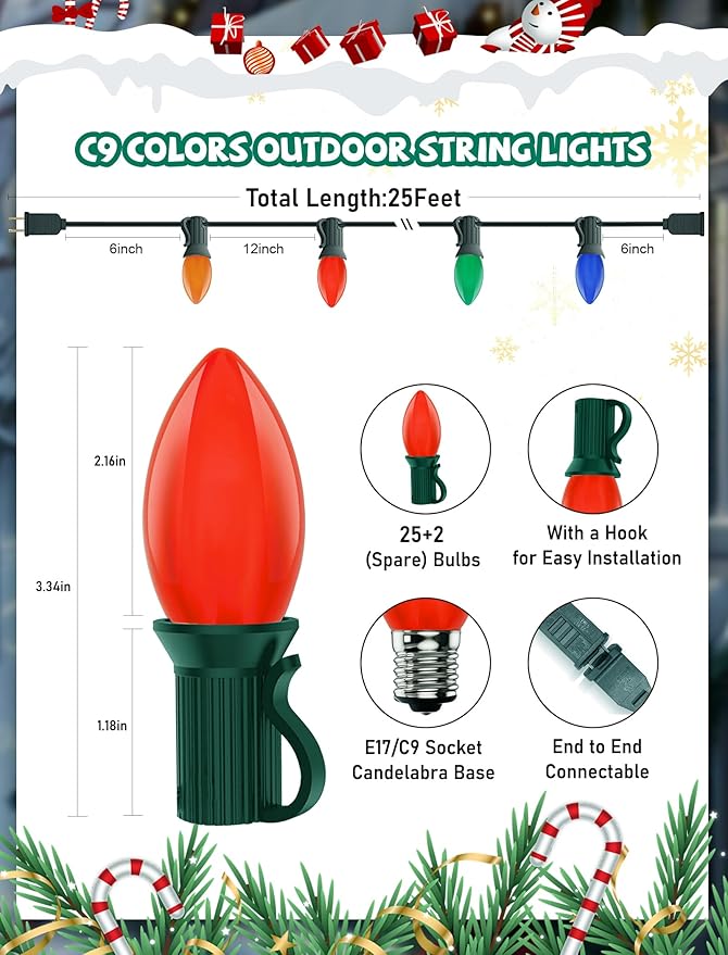 Multicolor C9 Christmas Lights Ceramic, C9 25Ft Vintage Incandescent String Lights with 27 Opaque Bulbs (2 Spare) for Christmas Tree Patio Roofline Outdoor Indoor Holiday Xmas Decorations