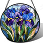 Stained Glass Window Hanging - Blue Purple Iris Flower Suncatcher for Door Garden Patio Sun Catchers Decor Christmas Mother's Day Birthday Gifts for Women Men Mom Nana Aunt Friend 15 in