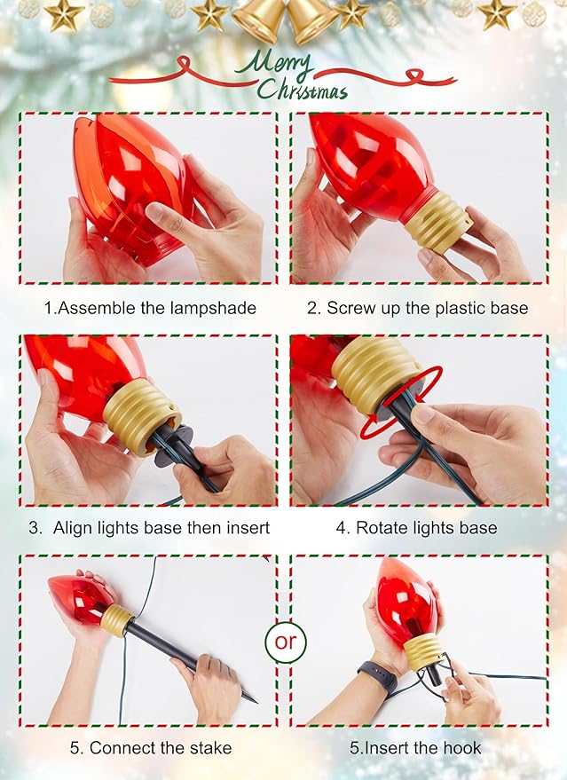 4 Pack Jumbo C9 Christmas Pathway Lights Outdoor - Total 34FT 20 LED C9 Christma Walkway Light, Multicolor Christmas Decoration Outside, Giant Christmas Lights Outdoor for Lawn Holiday Yard